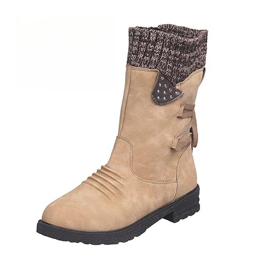 QIXUJAK Stiefel Damen Retro Leicht Boots Rutschfest Halbschaft Weitschaftstiefel Vintage Blockabsatz Cowboyboots Winterstiefel - Freizeit Alltag Gr.35-42 (Khaki,41) von QIXUJAK