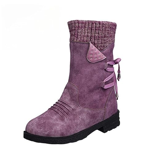 QIXUJAK Stiefel Damen Retro Leicht Boots Rutschfest Halbschaft Weitschaftstiefel Vintage Blockabsatz Cowboyboots Winterstiefel - Freizeit Alltag Gr.35-42 (Lila,37) von QIXUJAK