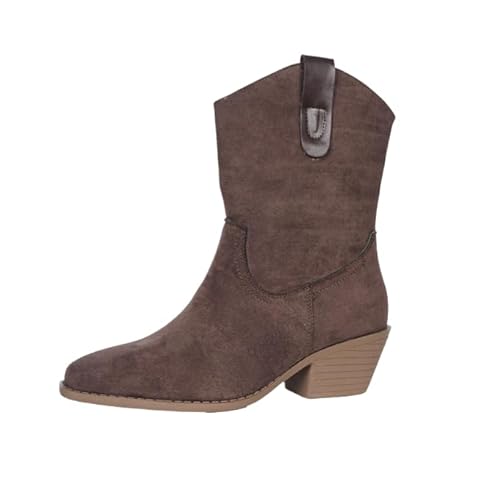 QIXUJAK Stiefeletten Damen Wildleder Cowboystiefel Halbstiefel Schlupfschuhe Niederung Stiefel Kurzstiefel Übergangsstiefel Blockabsatz Ankle Boots Halbhoch Damenstiefel (Dunkelbraun,38) von QIXUJAK