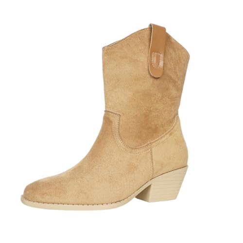 QIXUJAK Stiefeletten Damen Wildleder Cowboystiefel Halbstiefel Schlupfschuhe Niederung Stiefel Kurzstiefel Übergangsstiefel Blockabsatz Ankle Boots Halbhoch Damenstiefel (Khaki,39) von QIXUJAK