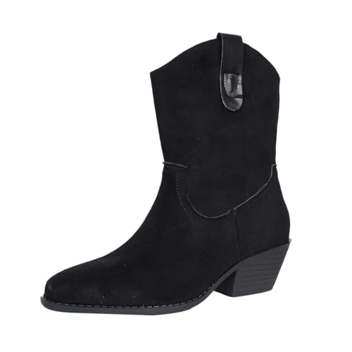 QIXUJAK Stiefeletten Damen Wildleder Cowboystiefel Halbstiefel Schlupfschuhe Niederung Stiefel Kurzstiefel Übergangsstiefel Blockabsatz Ankle Boots Halbhoch Damenstiefel (Schwarz,40) von QIXUJAK