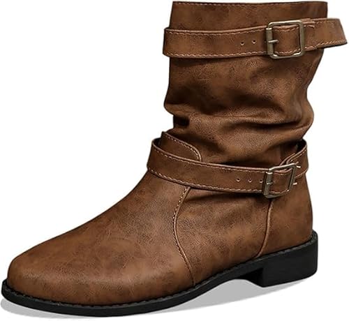 QIXUJAK Stiefeletten Damen Wildleder Trachten mit Schnalle Cowboystiefel Ankle Boots mit Absatz Herbst Westernstiefel Stiefel Leicht Elegant Halbstiefel Schlupfschuhe (Braun,36) von QIXUJAK