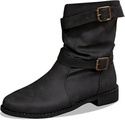 QIXUJAK Stiefeletten Damen Wildleder Trachten mit Schnalle Cowboystiefel Ankle Boots mit Absatz Herbst Westernstiefel Stiefel Leicht Elegant Halbstiefel Schlupfschuhe (Schwarz,39) von QIXUJAK
