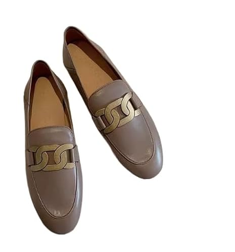 QIXUJAK Strukturierte, Retro-goldene Schnallenleder-Loafer mit einem Fuß, Slip-On-Loafer mit Damenabsatz, Zwei tragen kleine Lederschuhe (37,Grey) von QIXUJAK