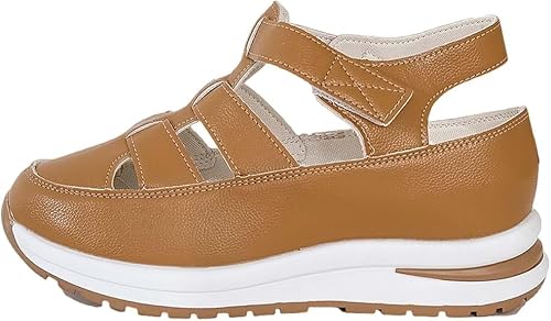 QIXUJAK Universal Damen Sandalen Sommer Keilabsatz Orthopädische Riemen Verstellbarer Klettverschluss Hohl Elegant Geschlossene Zehenpartie Weich (Braun,36) von QIXUJAK