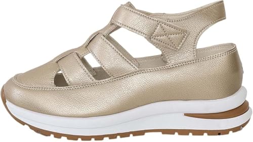 QIXUJAK Universal Damen Sandalen Sommer Keilabsatz Orthopädische Riemen Verstellbarer Klettverschluss Hohl Elegant Geschlossene Zehenpartie Weich (Gold,35) von QIXUJAK