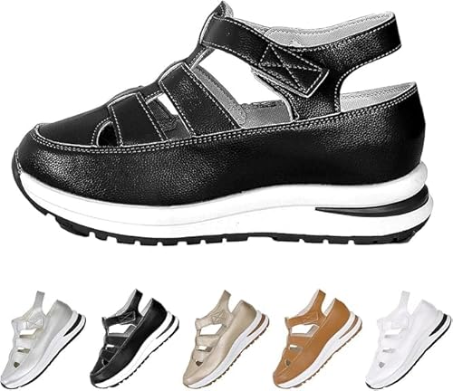 QIXUJAK Universal Damen Sandalen Sommer Keilabsatz Orthopädische Riemen Verstellbarer Klettverschluss Hohl Elegant Geschlossene Zehenpartie Weich (Schwarz,39) von QIXUJAK