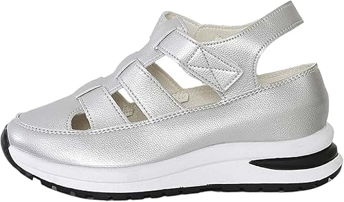 QIXUJAK Universal Damen Sandalen Sommer Keilabsatz Orthopädische Riemen Verstellbarer Klettverschluss Hohl Elegant Geschlossene Zehenpartie Weich (Silber,36) von QIXUJAK