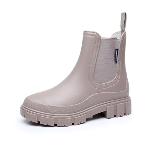QIXUJAK Wasserdicht Gummistiefel Damen Ankle Chelsea Boots Regenstiefel Mode Halbhohe Stiefeletten Mit Rutschfest Sohle Outdoor Arbeit Stiefel Gartenschuhe Frauen Rain Boots (Aprikose,39) von QIXUJAK