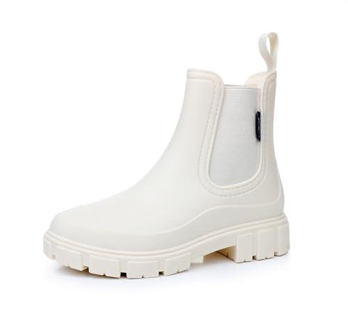 QIXUJAK Wasserdicht Gummistiefel Damen Ankle Chelsea Boots Regenstiefel Mode Halbhohe Stiefeletten Mit Rutschfest Sohle Outdoor Arbeit Stiefel Gartenschuhe Frauen Rain Boots (Beige,39) von QIXUJAK