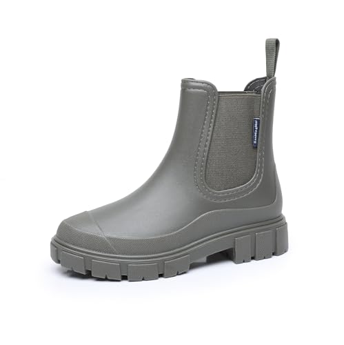 QIXUJAK Wasserdicht Gummistiefel Damen Ankle Chelsea Boots Regenstiefel Mode Halbhohe Stiefeletten Mit Rutschfest Sohle Outdoor Arbeit Stiefel Gartenschuhe Frauen Rain Boots (Grün,37) von QIXUJAK