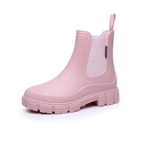 QIXUJAK Wasserdicht Gummistiefel Damen Ankle Chelsea Boots Regenstiefel Mode Halbhohe Stiefeletten Mit Rutschfest Sohle Outdoor Arbeit Stiefel Gartenschuhe Frauen Rain Boots (Rosa,38) von QIXUJAK