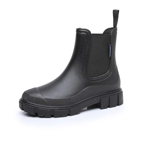 QIXUJAK Wasserdicht Gummistiefel Damen Ankle Chelsea Boots Regenstiefel Mode Halbhohe Stiefeletten Mit Rutschfest Sohle Outdoor Arbeit Stiefel Gartenschuhe Frauen Rain Boots (Schwarz,37) von QIXUJAK
