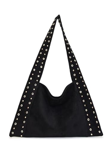 QIXUJAK Wildleder Tasche Damen, Große Kapazität Suede Umhängetasche Schultertasche Retro Tote Bag Mode Handtasche mit Snap, Shopper Tasche für Damen (Schwarz) von QIXUJAK