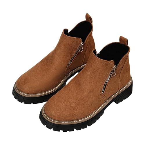 QIXUJAK Women's Ankle Boots with Block Heel Shoes Comfort Pure Colour Biker with Zip Comfortable Chelsea Leisure Short Boots Autumn Winter (Braun,42) von QIXUJAK