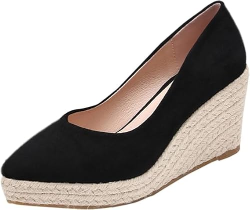QIXUJAK Women's Platform Espadrilles Wedge Sandals Slip On Solid Color Closed Pointed Toe Comfortable Wedge Pumps Shoes (Schwarz,38) von QIXUJAK