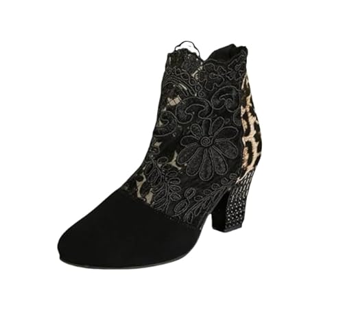 Sandalen Damen Spitze Pumps Schuhe Blockabsatz Stiefeletten Runder Spitze Blumenmuster Mesh Hohle Tüll Strass Sommerstiefel Reißverschluss Freizeit Atmungsaktiv Schuh (Schwarzer Leopardenmuster,35) von QIXUJAK