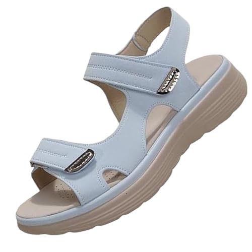 Sandalen Damen Wanderkomfort Orthopädische Sandalen Sport Outdoor Wandersandalen Sommer Leichte rutschfeste Wandersandalen Breiter Fuß Dicke Sohle Sommer Schnürsenkel Klettverschluss (Seeblau,39) von QIXUJAK
