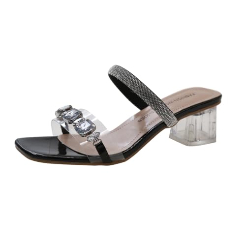 Sandaletten Damen mit Absatz Durchsichtig Fashion High Heels Strass Slip-Ons Sommerschuhe Elegant Frau Party Sandalen Sommer Frauen Blockabsatz Abendschuhe (40,Schwarz) von QIXUJAK