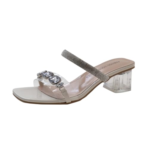 Sandaletten Damen mit Absatz Durchsichtig Fashion High Heels Strass Slip-Ons Sommerschuhe Elegant Frau Party Sandalen Sommer Frauen Blockabsatz Abendschuhe (Cremefarben,38) von QIXUJAK