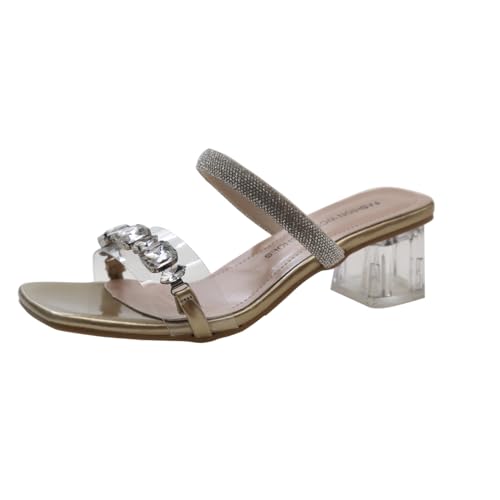Sandaletten Damen mit Absatz Durchsichtig Fashion High Heels Strass Slip-Ons Sommerschuhe Elegant Frau Party Sandalen Sommer Frauen Blockabsatz Abendschuhe (Gold,36) von QIXUJAK