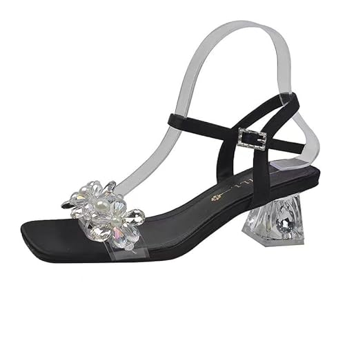 Sandaletten Damen mit Absatz Durchsichtig Fashion High Heels Strass Slip-Ons Sommerschuhe Elegant Frau Party Sandalen Sommer Frauen Blockabsatz Abendschuhe (Schwarz,36) von QIXUJAK