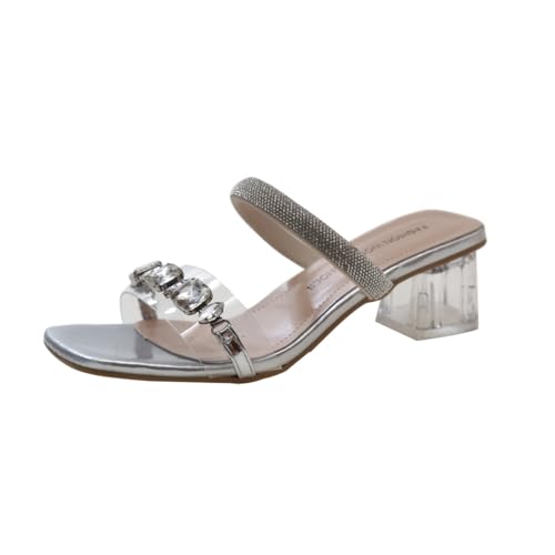 Sandaletten Damen mit Absatz Durchsichtig Fashion High Heels Strass Slip-Ons Sommerschuhe Elegant Frau Party Sandalen Sommer Frauen Blockabsatz Abendschuhe (Silber,36) von QIXUJAK