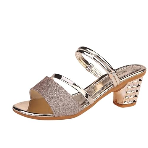 Silberne Schuhe Damen Pumps Chunky Runde Mode Frauen High Heels Zehen Arbeit Absätze Hochzeit Schuhe Damen Elegant Mit Absatz (Gold,36) von QIXUJAK