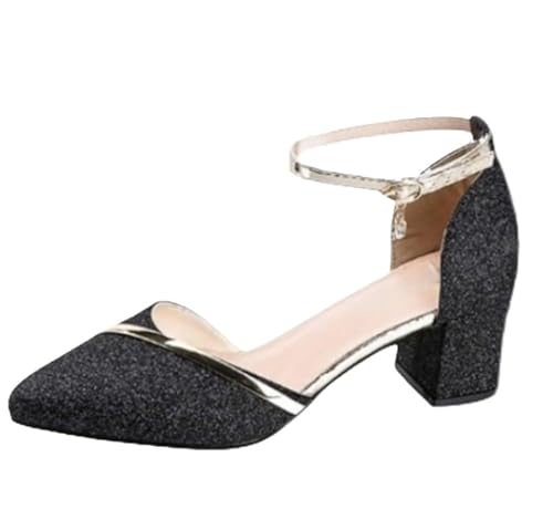 Silberne Schuhe Damen Pumps Chunky Runde Mode Frauen High Heels Zehen Arbeit Absätze Hochzeit Schuhe Damen Elegant Mit Absatz (Schwarz,36) von QIXUJAK