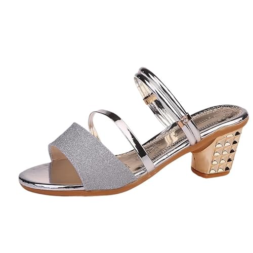 Silberne Schuhe Damen Pumps Chunky Runde Mode Frauen High Heels Zehen Arbeit Absätze Hochzeit Schuhe Damen Elegant Mit Absatz (Silber,37) von QIXUJAK