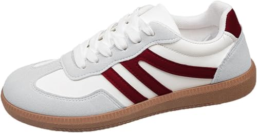 Sneaker Damen Retro Style - Sneaker Tennis Und Skateboarden Klassische Mit Schnürsenkeln Gummisohle - Modische Freizeit Skate-Schuhe Freizeitschuhe Flach Leder Modische Turnschuhe (Burgunderrot,38) von QIXUJAK