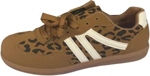 Sneaker Damen Retro Style - Sneaker Tennis Und Skateboarden Klassische Mit Schnürsenkeln Gummisohle - Modische Freizeit Skate-Schuhe Freizeitschuhe Flach Leder Modische Turnschuhe (Leopardenmuster,40) von QIXUJAK
