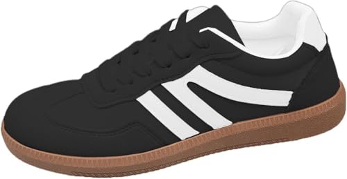 Sneaker Damen Retro Style - Sneaker Tennis Und Skateboarden Klassische Mit Schnürsenkeln Gummisohle - Modische Freizeit Skate-Schuhe Freizeitschuhe Flach Leder Modische Turnschuhe (Schwarz,39) von QIXUJAK