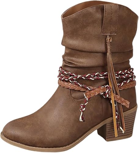 Stiefeletten Damen Trachten Elegant Wildleder Halbstiefel - Schlupfschuhe Niederung Stiefel Blockabsatz Halbhoch Boots Damenstiefel Cowboy Westernstiefel Kurzstiefel Übergangsstiefel (Dunkelbraun,37) von QIXUJAK