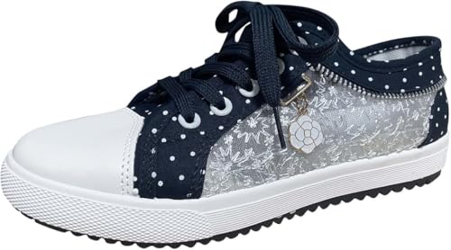 Trachtenschuhe Damen Flach Dirndl Schuhe Spitzen Mesh Atmungsaktive Trachten Sneaker Oktoberfest Elegante Hochzeitsschuhe Bestickte Bequeme Leichte Brautschuhe Lace Sportschuhe (Dunkelblau,37) von QIXUJAK