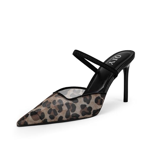 QIY Absatzschuhe aus Netzstoff für Damen, geschlossen, spitzer Zehenbereich, High Heels, Stiletto-Absatz, Pantoletten, Sandalen, elegante Schuhe, Leopard, 37 EU von QIY