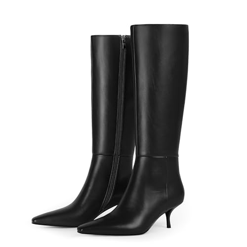 QIY Kniehohe Stiefel für Damen, Kunstleder, niedriger Absatz, quadratischer Zehenbereich, seitlicher Reißverschluss, lange Stiefel für Damen, Schwarz, 36 EU von QIY