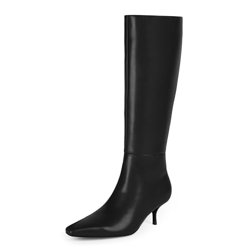 QIY Kniehohe Stiefel für Damen, Kunstleder, niedriger Absatz, quadratischer Zehenbereich, seitlicher Reißverschluss, lange Stiefel für Damen, Schwarz, 38.5 EU von QIY