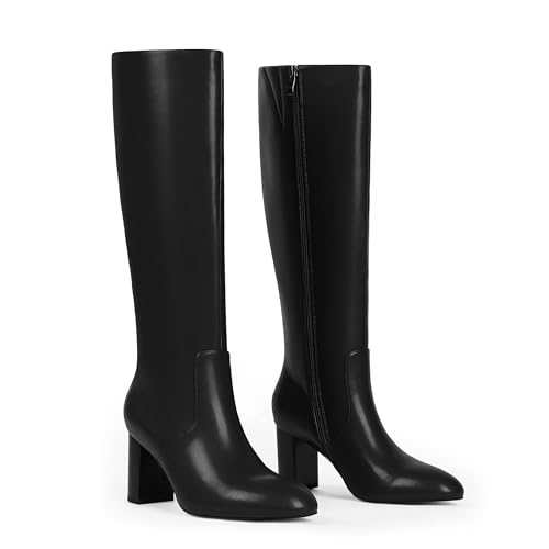 QIY Kniehohe Stiefel für Damen, Kunstlederstiefel, klobiger hoher Absatz, runder Zehenbereich, seitlicher Reißverschluss, Herbst, lang, hohe Stiefel für Damen, Schwarz, 37 EU von QIY