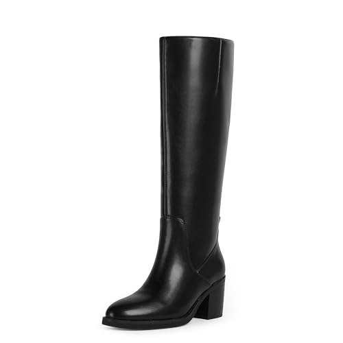 QIY Kniehohe Stiefel für Damen, breiter Absatz, abgerundete Zehen, hohe Stiefel, Blockabsatz, Herbst, lange Stiefel, Schwarz (Black Pu), 38 EU von QIY