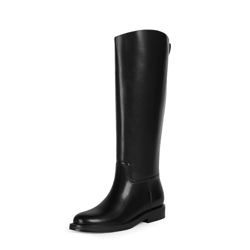 QIY Kniehohe Stiefel für Damen, flache runde Zehenpartie, klobige niedrige Absätze, hohe lange Reitstiefel, Schwarz, 39 EU von QIY