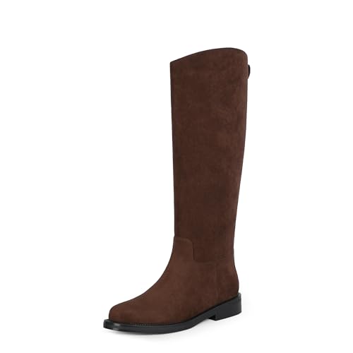 QIY Kniehohe Stiefel für Damen, flache runde Zehenpartie, klobige niedrige Absätze, hohe lange Reitstiefel, Wildleder, Schokoladenbraun, 39.5 EU von QIY