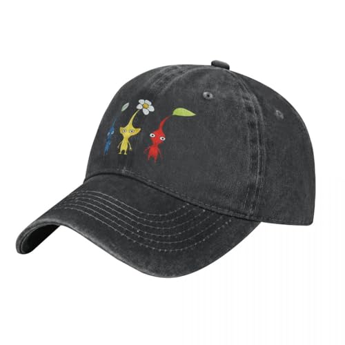 QIYAEUA Unisex P-Pikmins Denim Baseballkappe Spiellogo Angeln Trucker Hut Sommer Verstellbar Unisex Lustig Custom Baseballmützen von QIYAEUA