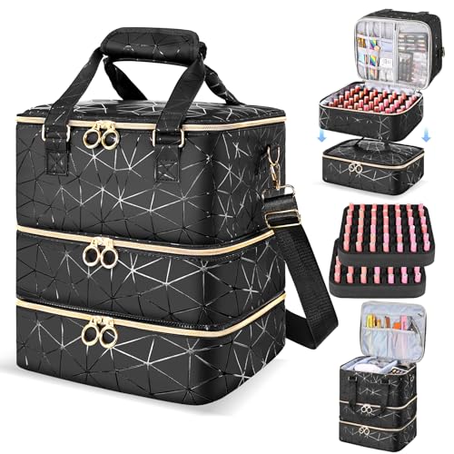 Nagellack-Organizer-Tasche für 84 Flaschen (15 ml) und Nagellampe, 3 Schichten, PU-Leder, Aufbewahrungstasche, großer Schultergurt, Nagellackhalter, Reise-Tragetasche. von QIYFDDF