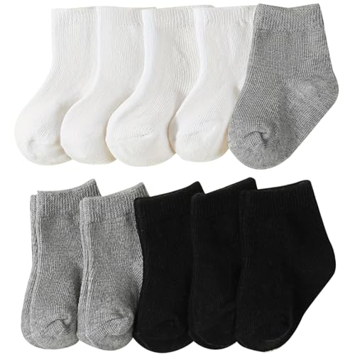 QIYIENDIAN 10 Paar Baby Crew Socken weiche Baumwolle elastische feste Farben Socken für Unisex Kleinkind Jungen Mädchen(BlackWhiteGrey,1-2Y) von QIYIENDIAN