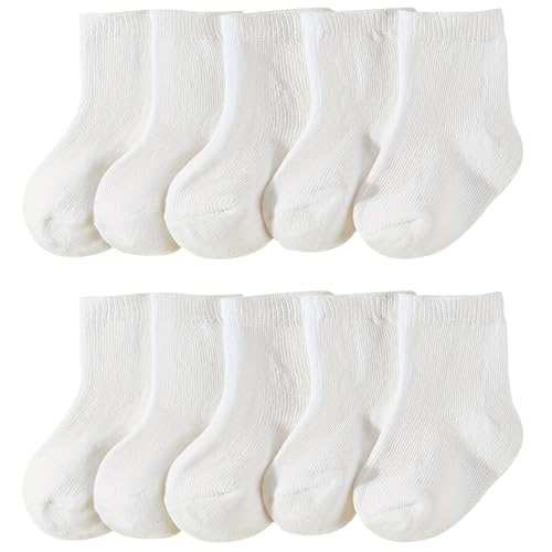 QIYIENDIAN 10 Paar Baby Crew Socken weiche Baumwolle elastische feste Farben Socken für Unisex Kleinkind Jungen Mädchen(White,0-6M) von QIYIENDIAN