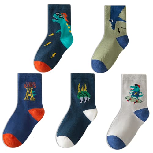 QIYIENDIAN 5 Paar kuschelig warme Crew Socken Cute Cartoon/Solid Farben für 1-10 Jahre Kleinkind Kinder Jungen Mädchen （3-5 Jahre，1A-Coole Dinosaurier） von QIYIENDIAN