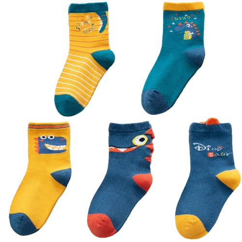 QIYIENDIAN 5 Paar kuschelig warme Crew Socken Cute Cartoon/Solid Farben für 1-10 Jahre Kleinkind Kinder Jungen Mädchen （7-10 Jahre，1B-Große Dinosaurier） von QIYIENDIAN