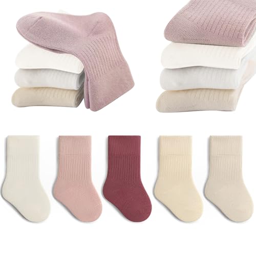 QIYIENDIAN 5 Paare Kleinkind Crew Socken weiche Baumwolle Socken elastische Baby solide Farben für Kinder Jungen Mädchen（Pink,3-5Y von QIYIENDIAN