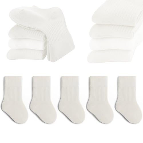 QIYIENDIAN 5 Paare Kleinkind Crew Socken weiche Baumwolle Socken elastische Baby solide Farben für Kinder Jungen Mädchen（White,5-8Y von QIYIENDIAN